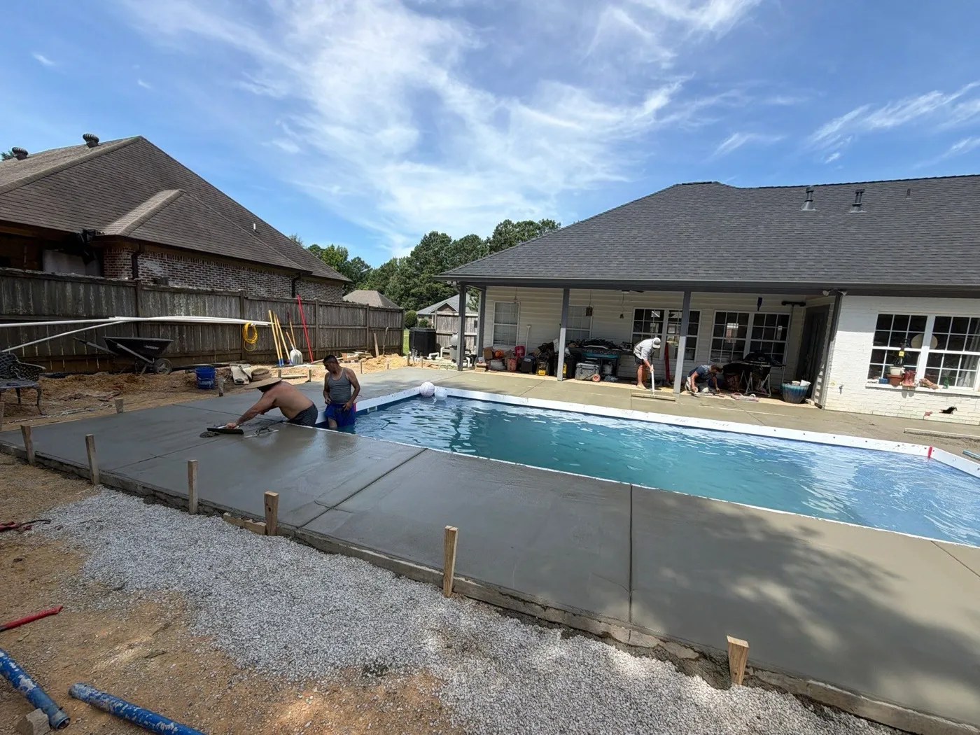 Finished fiberglass pool with clear water after startup